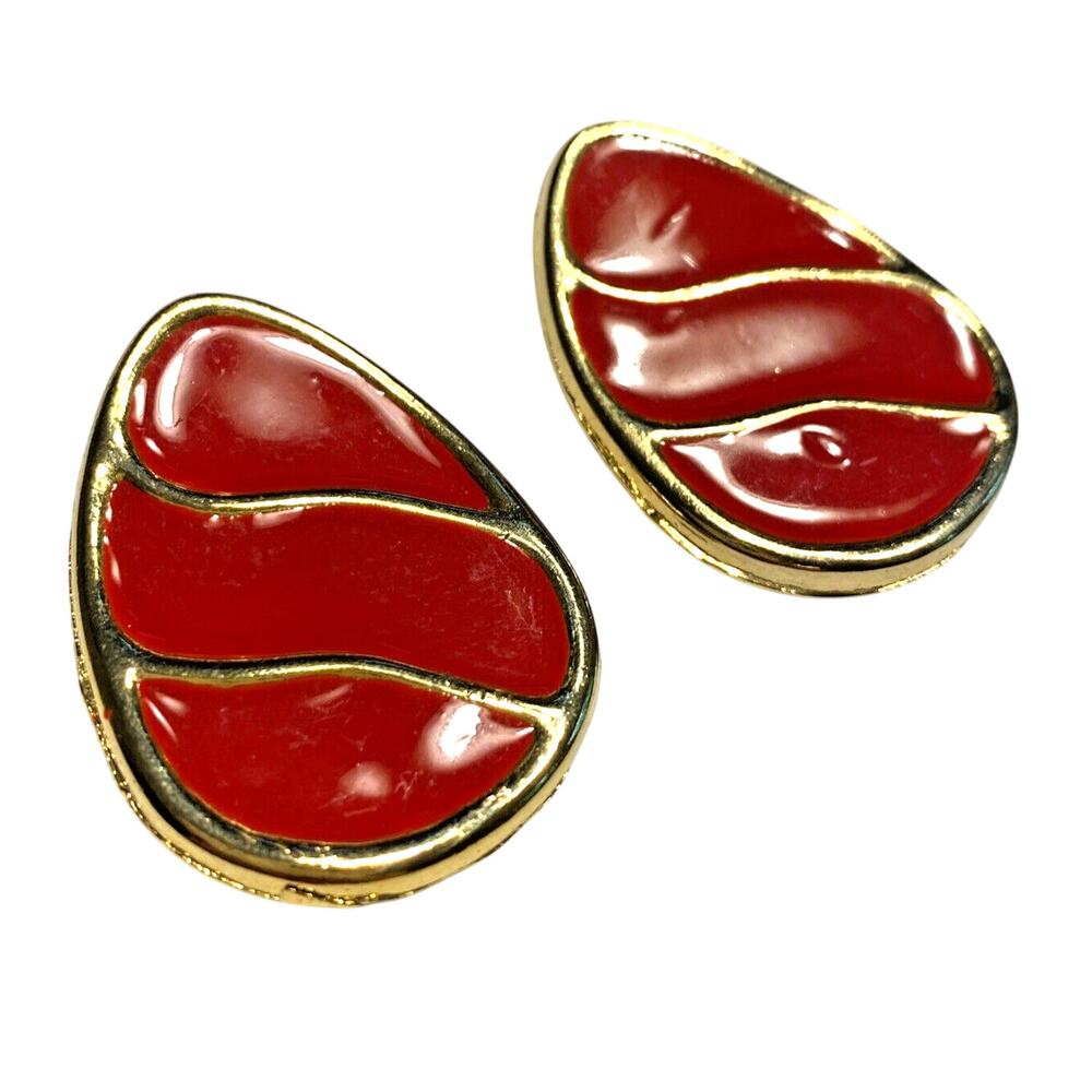 Red Shoe Clips Vintage 1980's Chunky Goldtone & Enamel Finish Egg Shaped Ovals